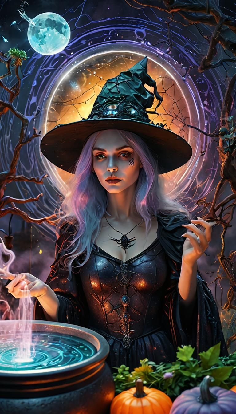 Evil Witch with Cauldron in Astral Illustration