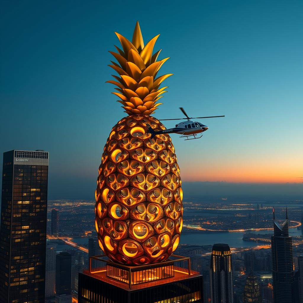 Golden Pineapple Skyscraper: Hyperrealistic Cityscape at Dus...
