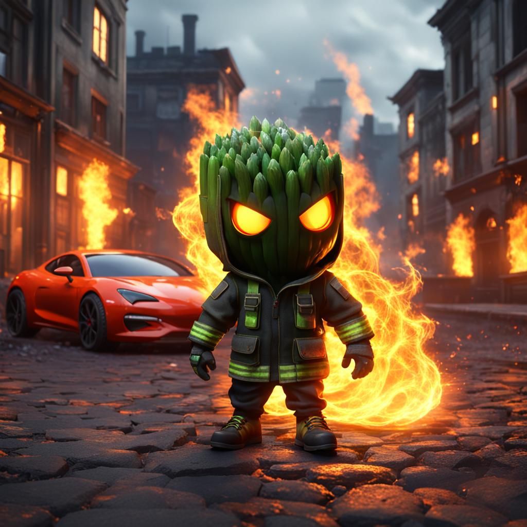 asparagus cute figure, sweet nice look, fire around him, fir...