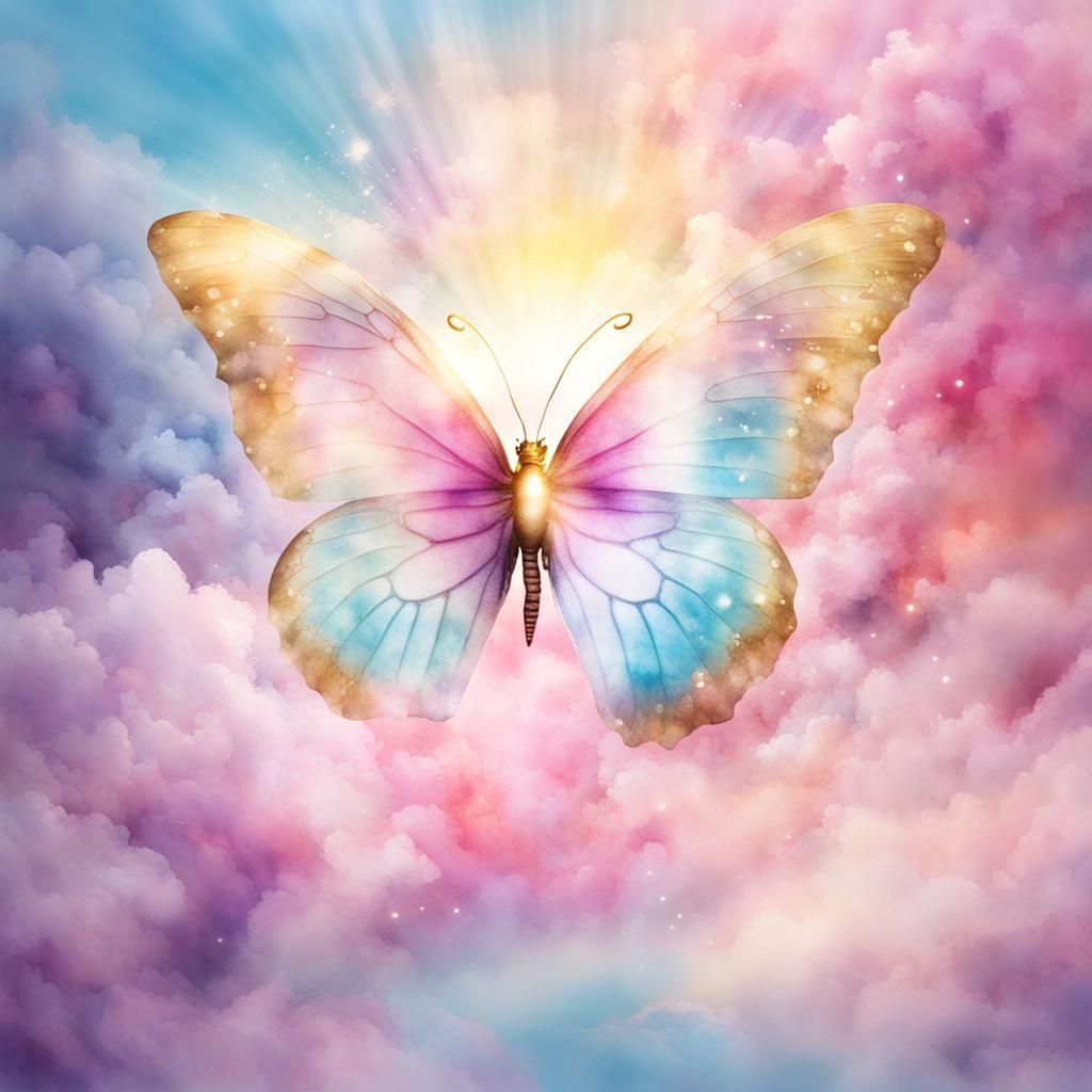 Golden Butterfly Soaring in Watercolor Heaven