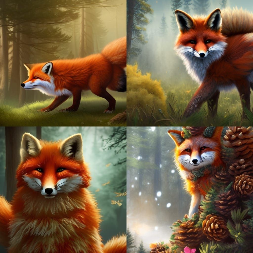 Fluffy Fox with Pinecones and Butterfly in Matte Painting St...