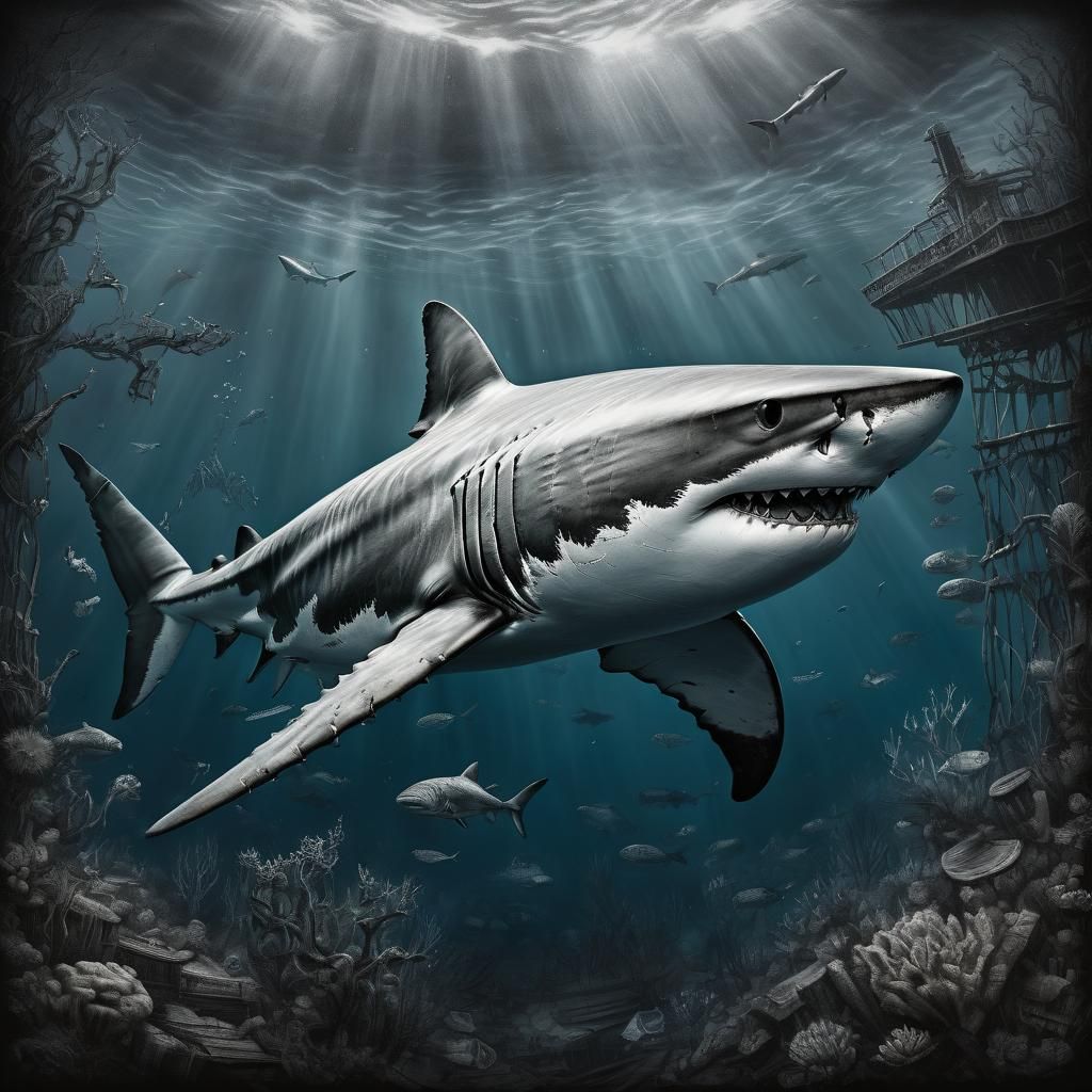 Great White Shark Pencil Drawing by Shipwreck