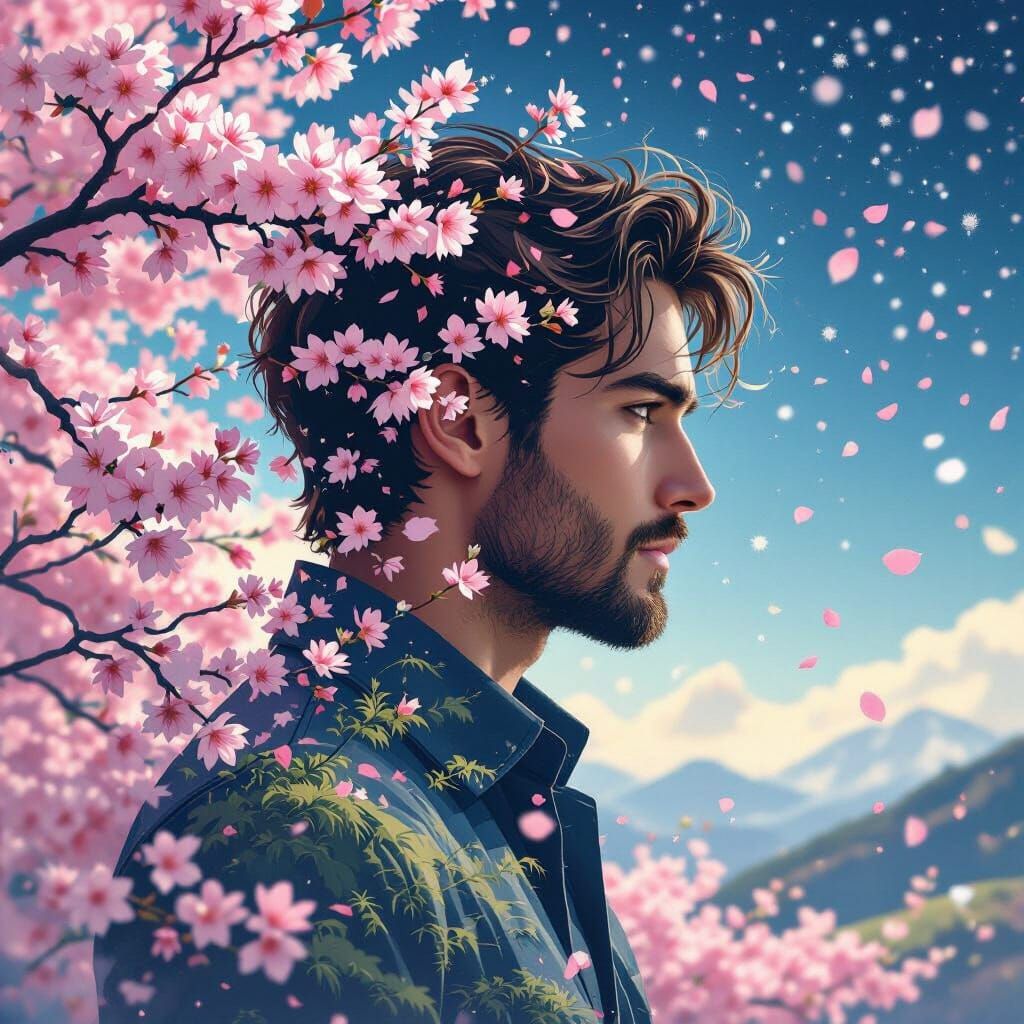 Man's Profile Merges with Starry Landscape and Cherry Blosso...