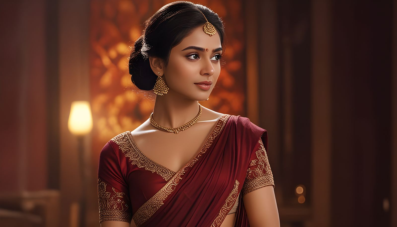 Graceful Indian Woman in Red Saree, Cinematic Style