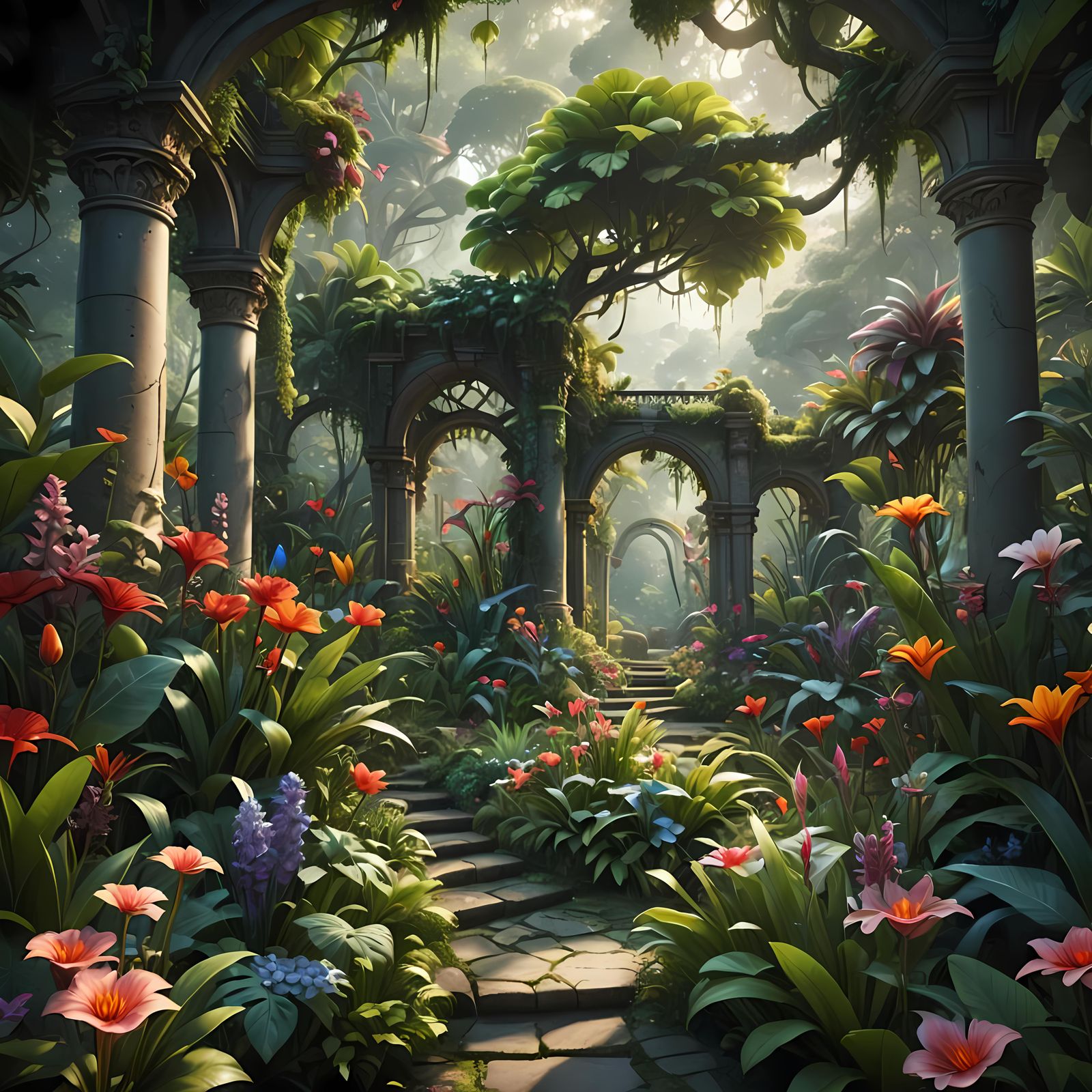 Ethereal Botanical Garden in Detailed Matte Painting