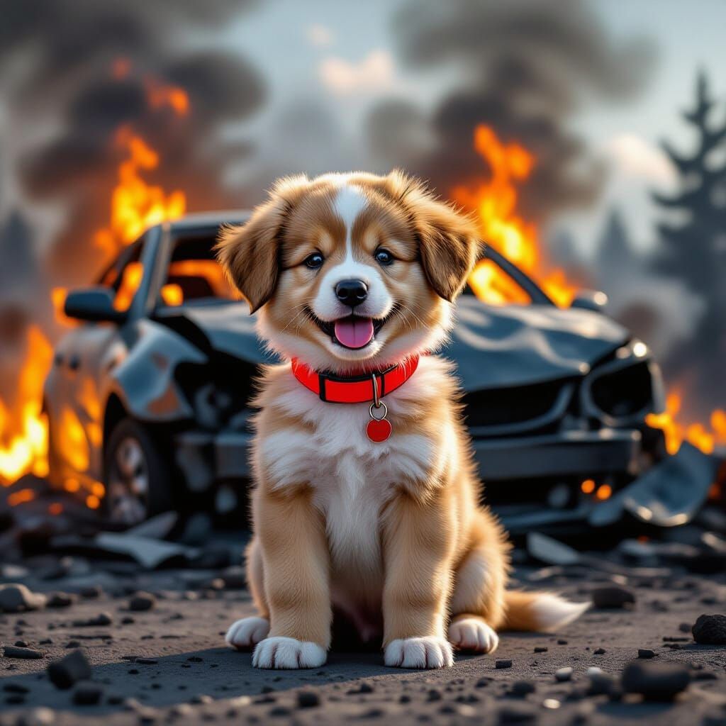 Cute Puppy Smiles by Fiery Crashed Car