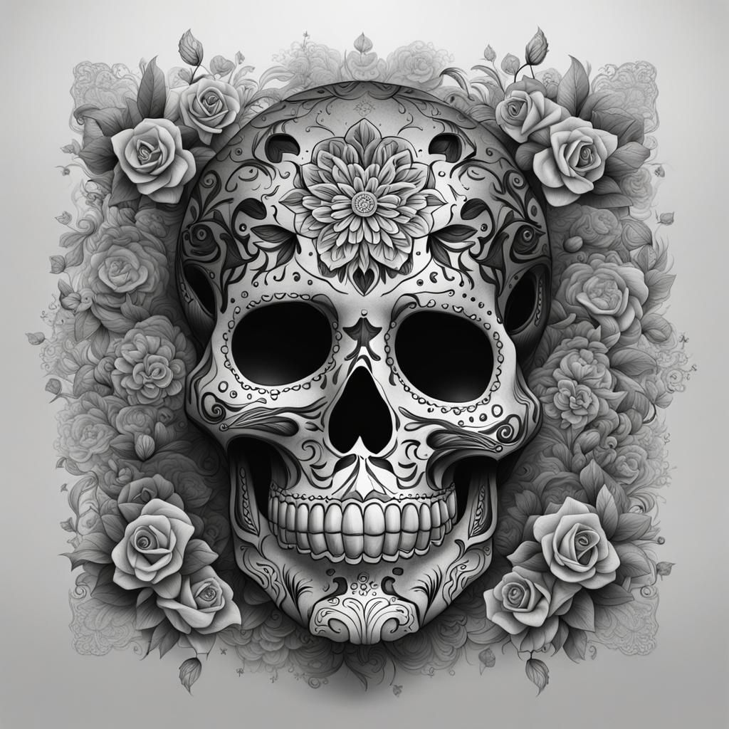 Detailed Black and White Sugar Skull Drawing
