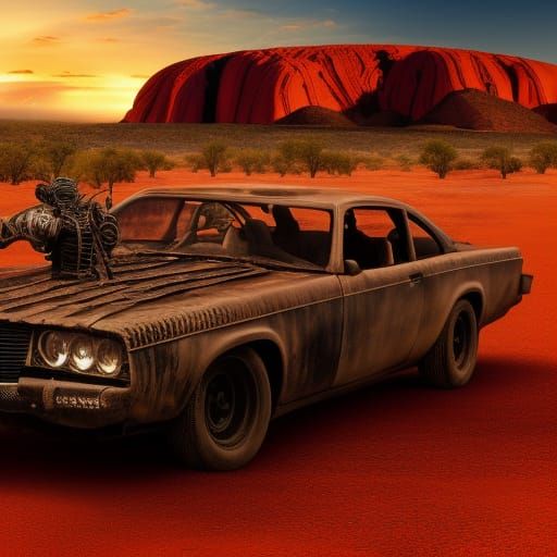 Mad Max Car at Uluru: Hyperrealistic Fantasy