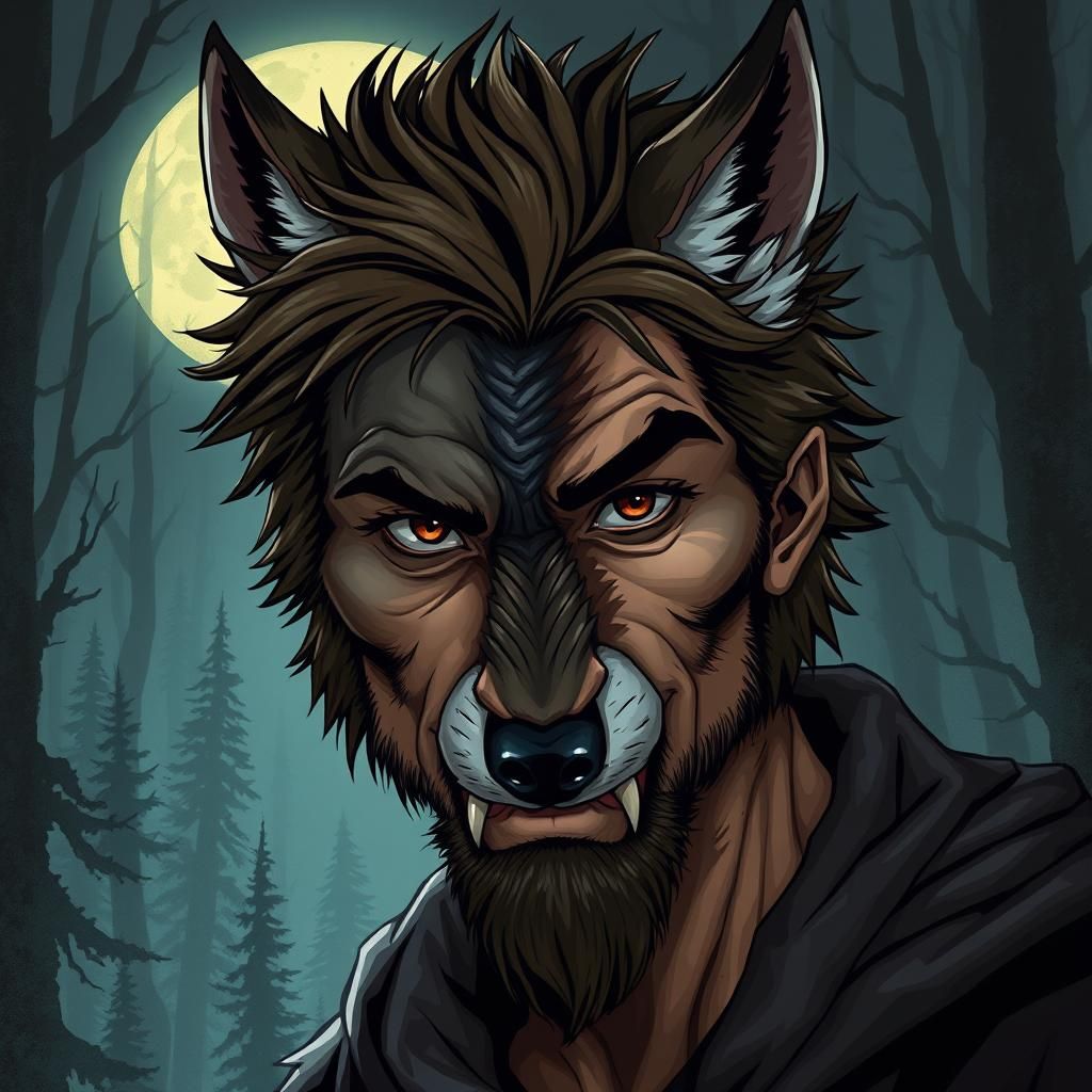 Hybrid Man-Wolf in Dark Fantasy Style