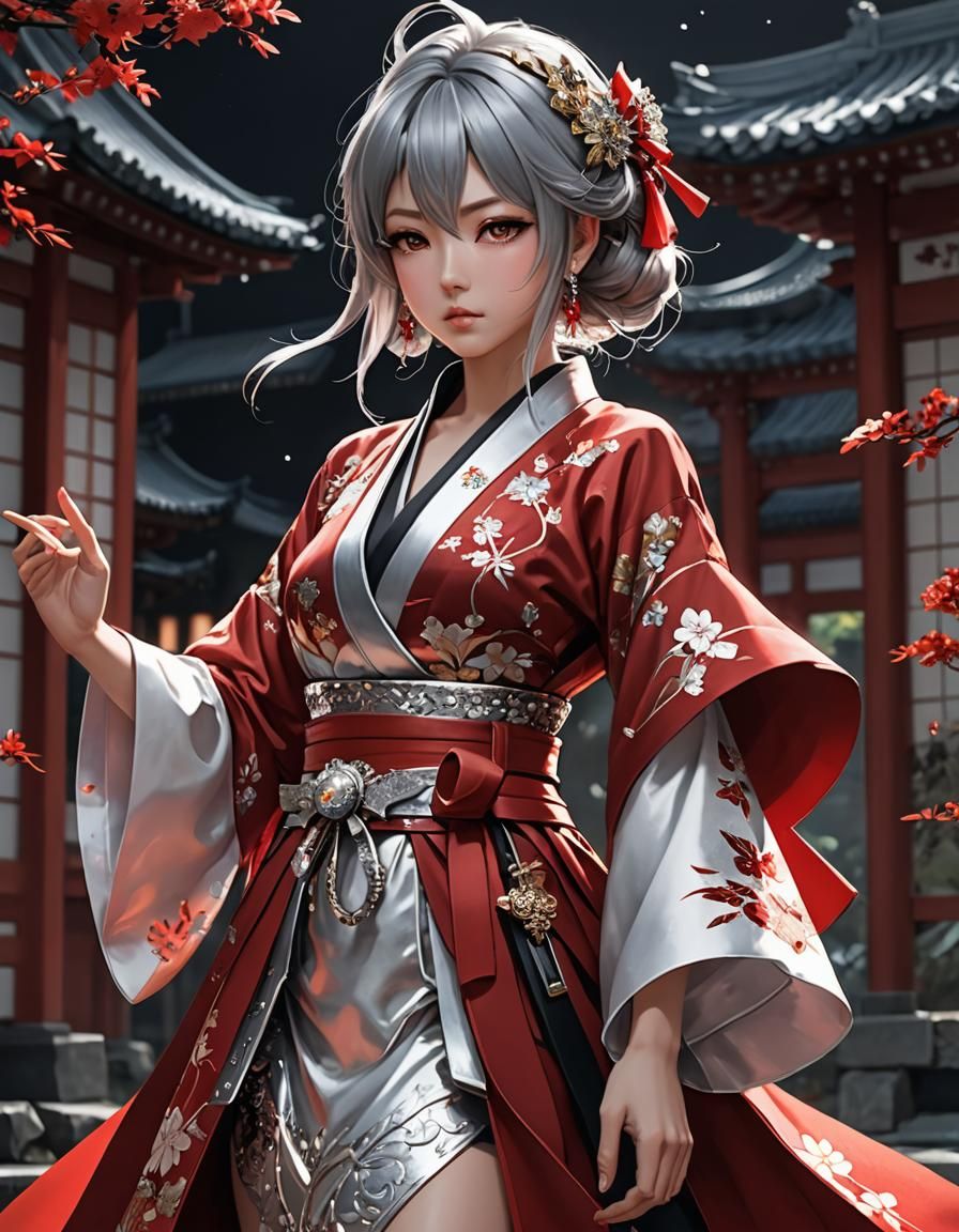 Anime Warrior in Red Kimono: 3D Art Style