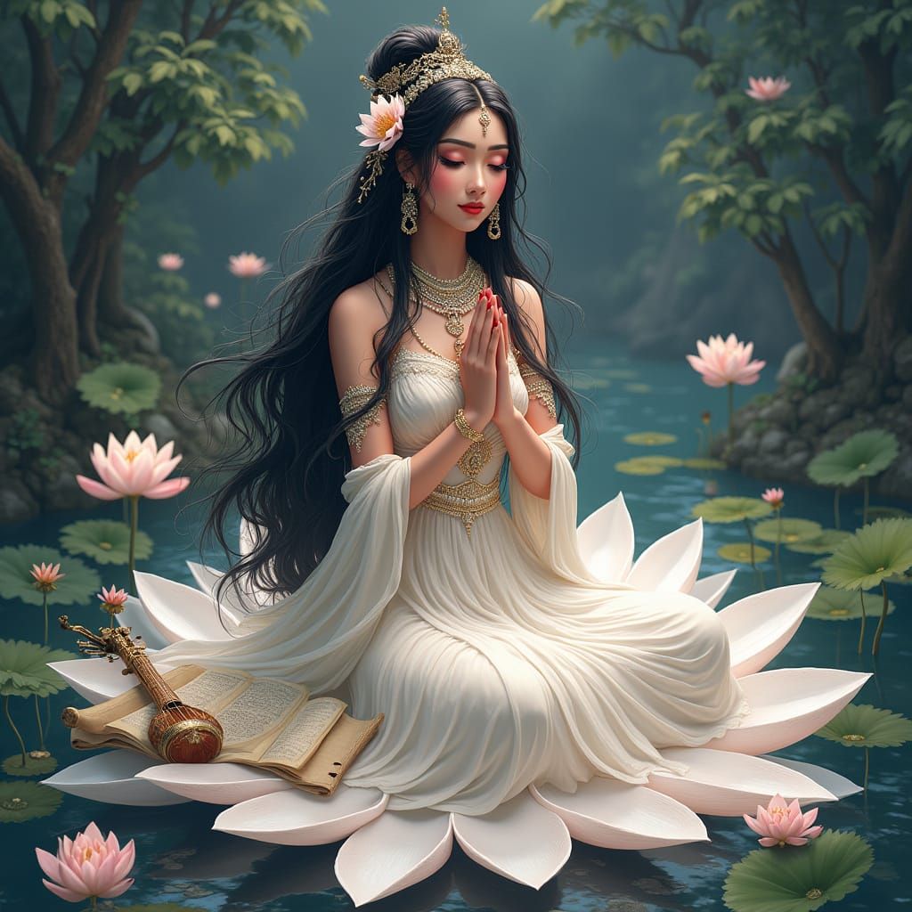 Serene Anime Portrait of Indian Goddess in Elegant White Gow...