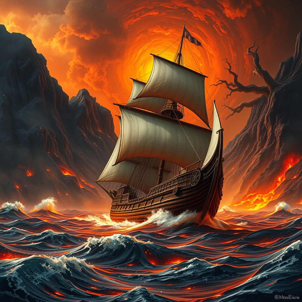 Fiery Sailing Ship Navigates Lava Lake