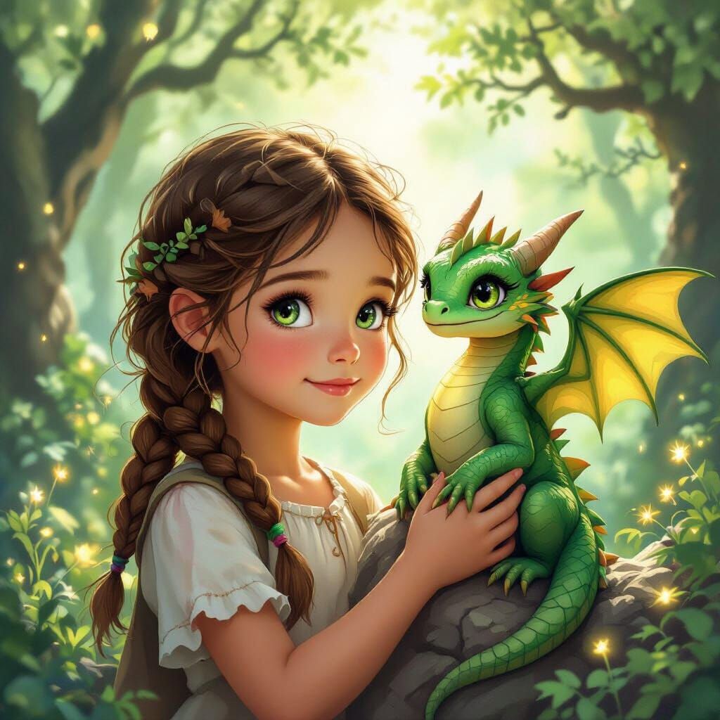 Girl and Tiny Dragon in Sun-Dappled Forest