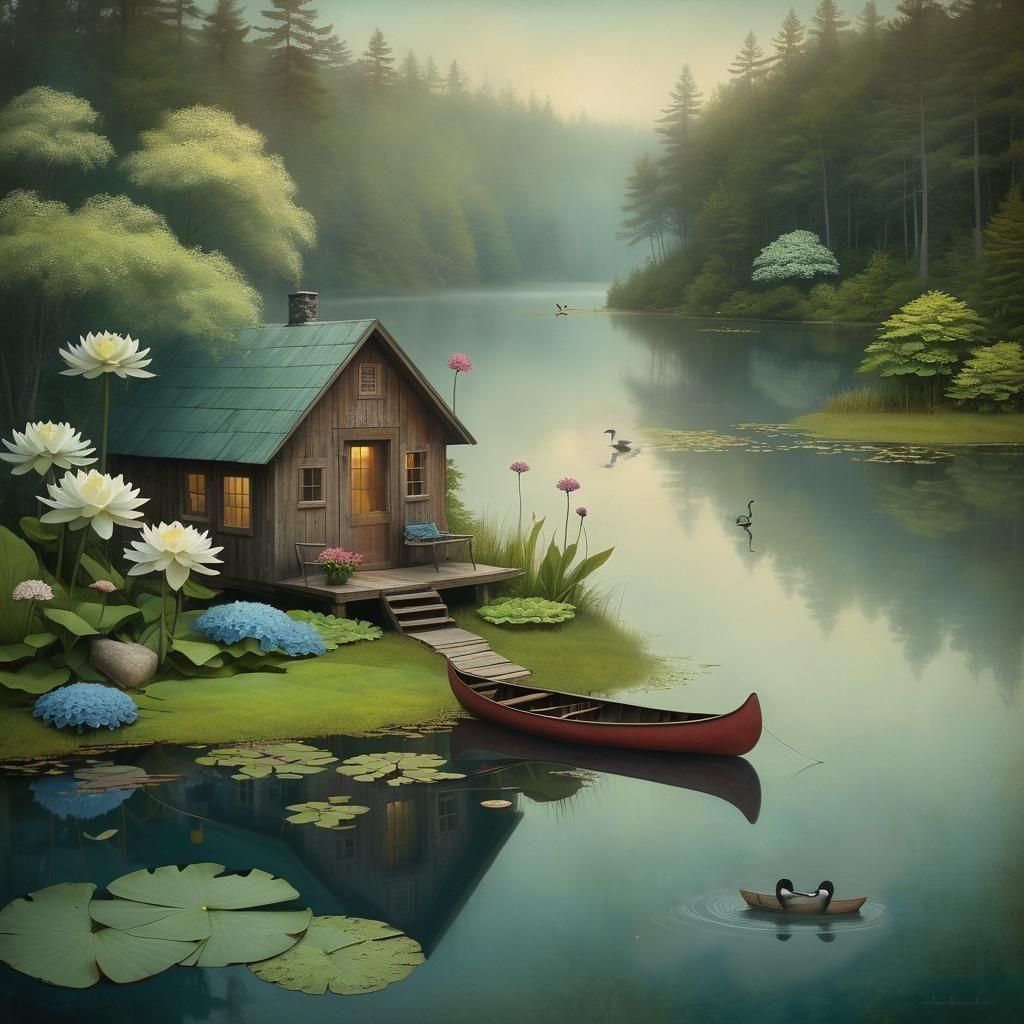 Cabin on Maine Lake: Watercolor and Ink Illustration