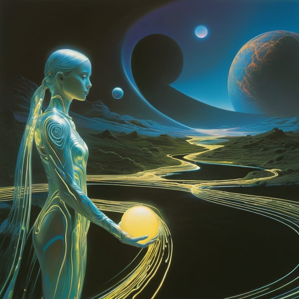 Shimmering Figure in a Surreal, Luminous Landscape