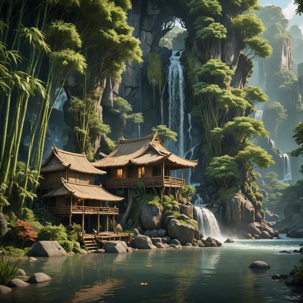 Bamboo Shack by Waterfall: Detailed Matte Painting