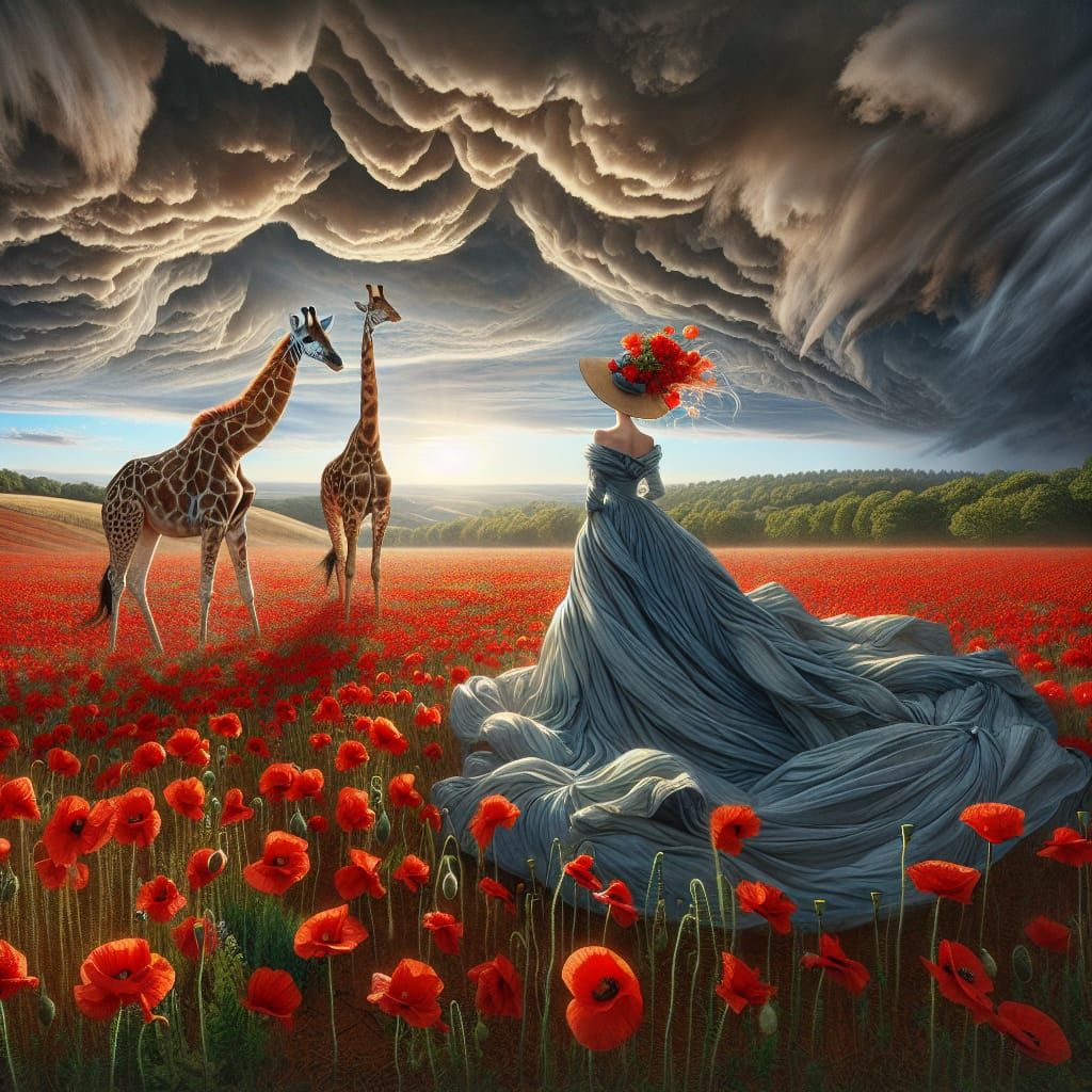 Giraffes in a Poppy Field Under Stormy Sky