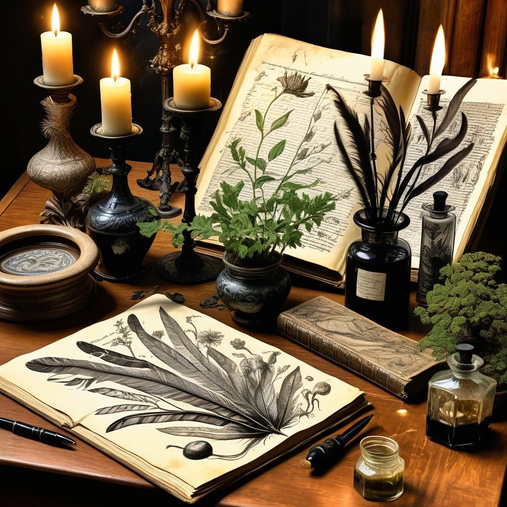 Botanical Ink Drawings in Antique Book