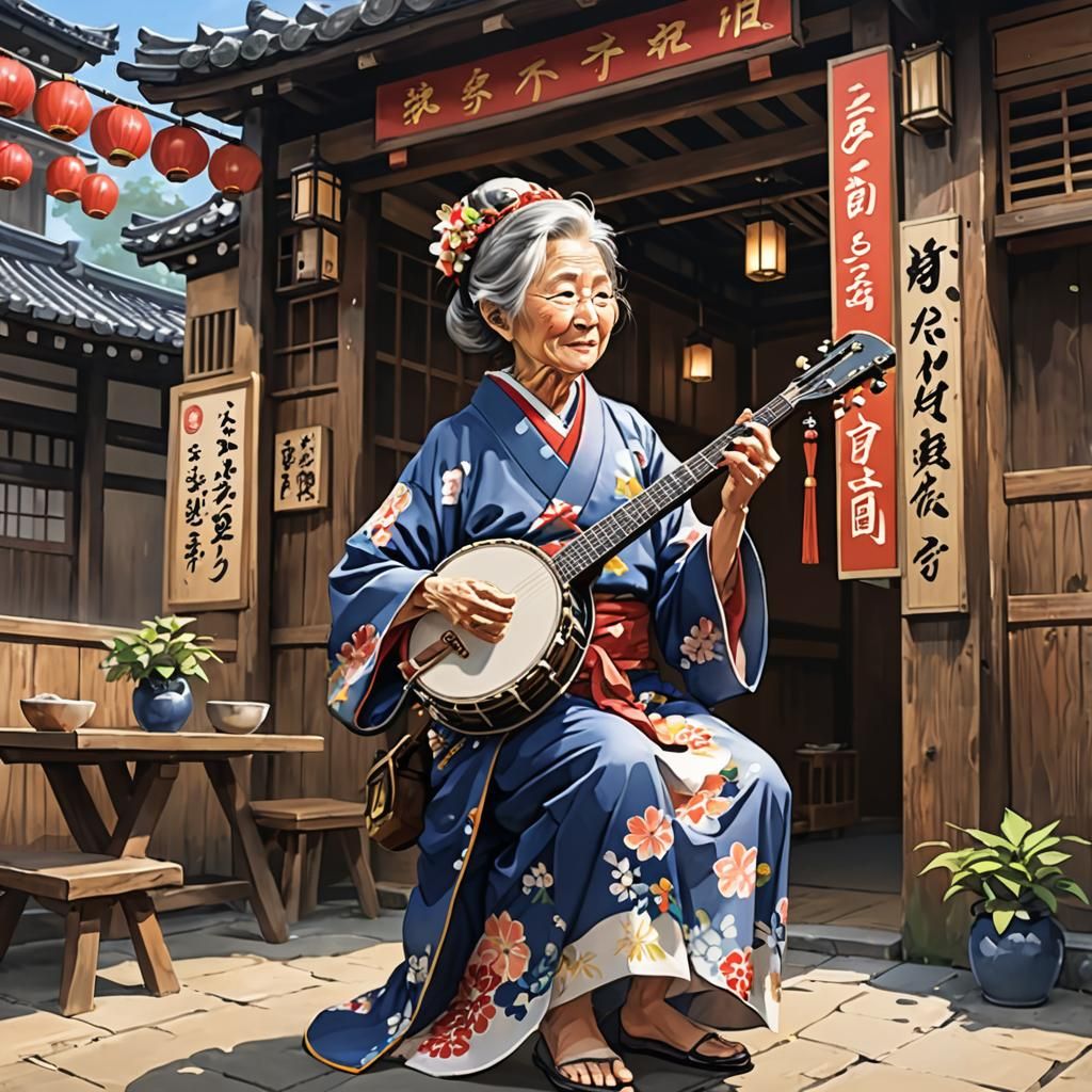 Japanese Woman Playing Banjo in Anime Style