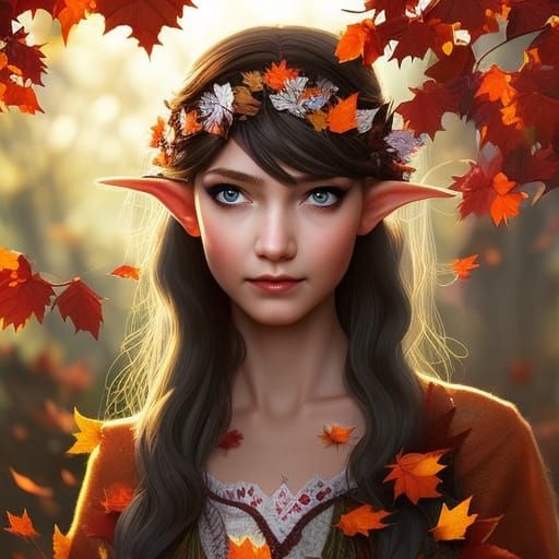 Whimsical Elf Girl Portrait with Autumn Leaves