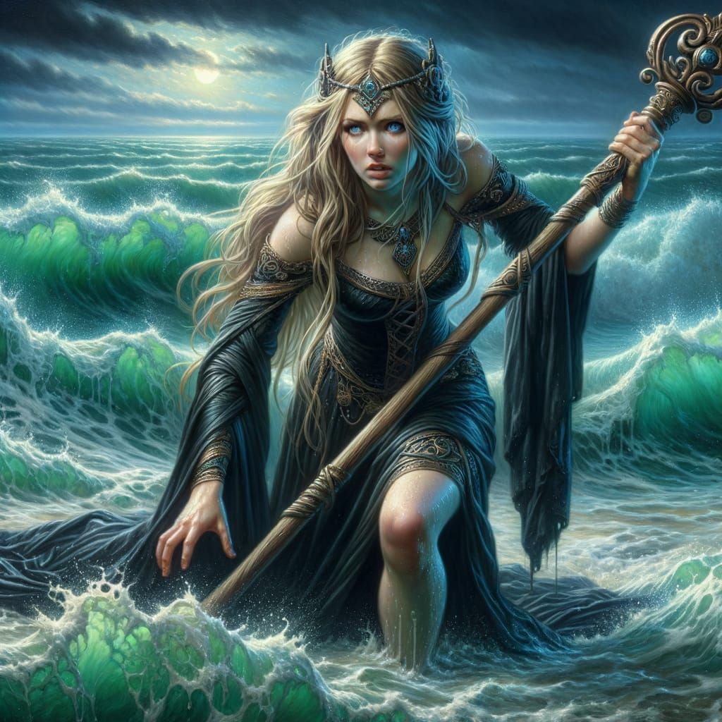 Norse Goddess Battles Raging Sea at Night