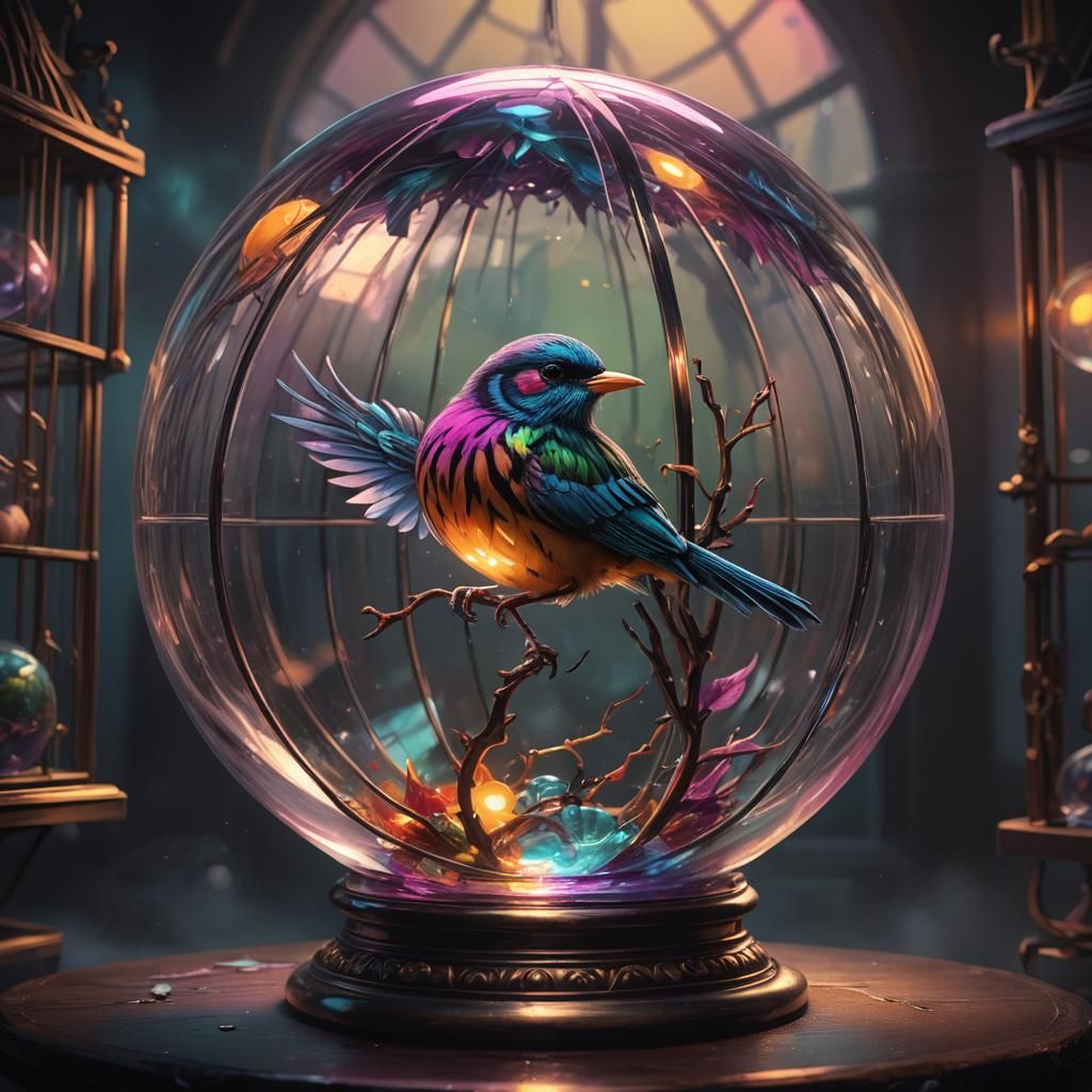 Striped Bird in Glass Orb Cage as 3D Digital Art