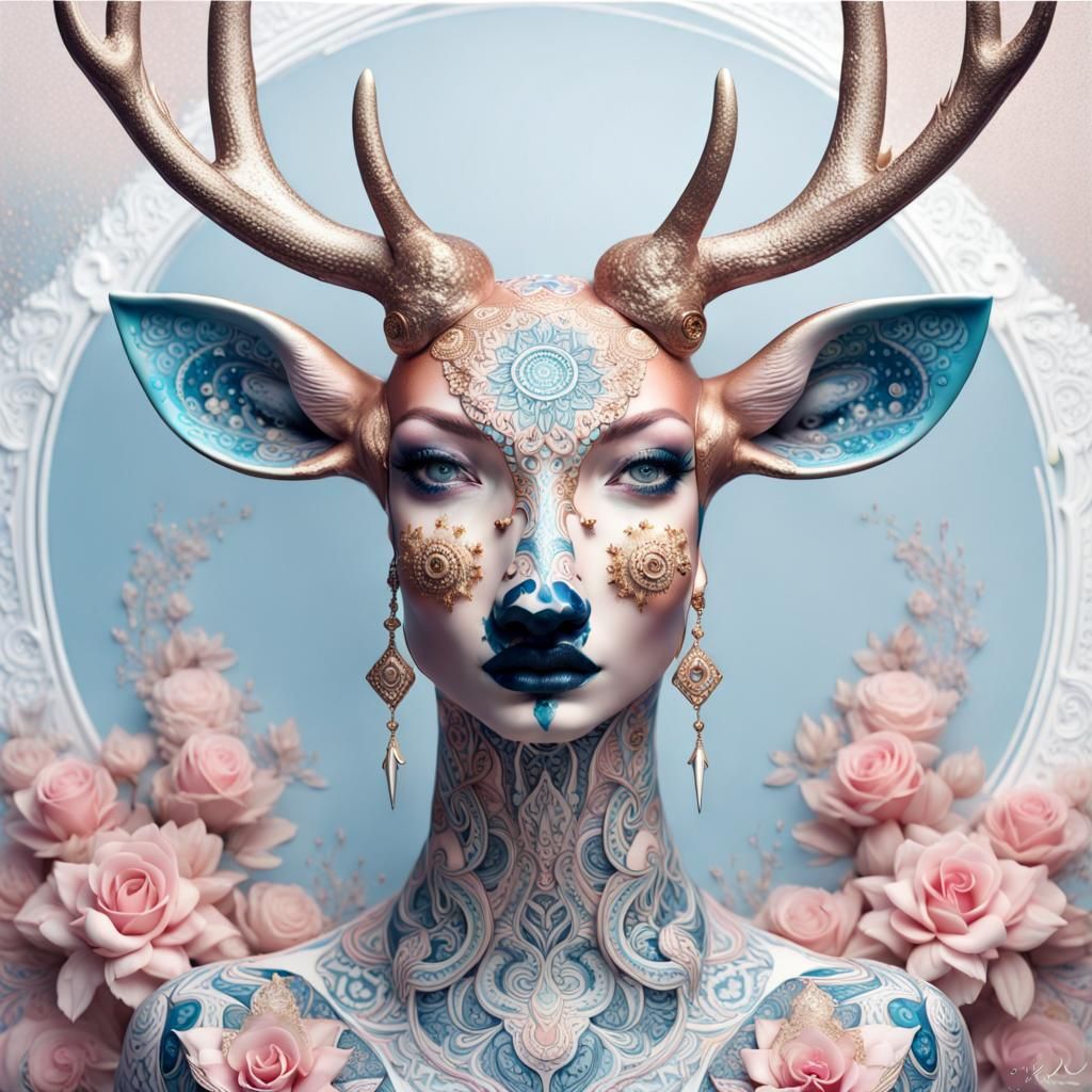 Deer Goddess Mandala Portrait in Splash Art Style