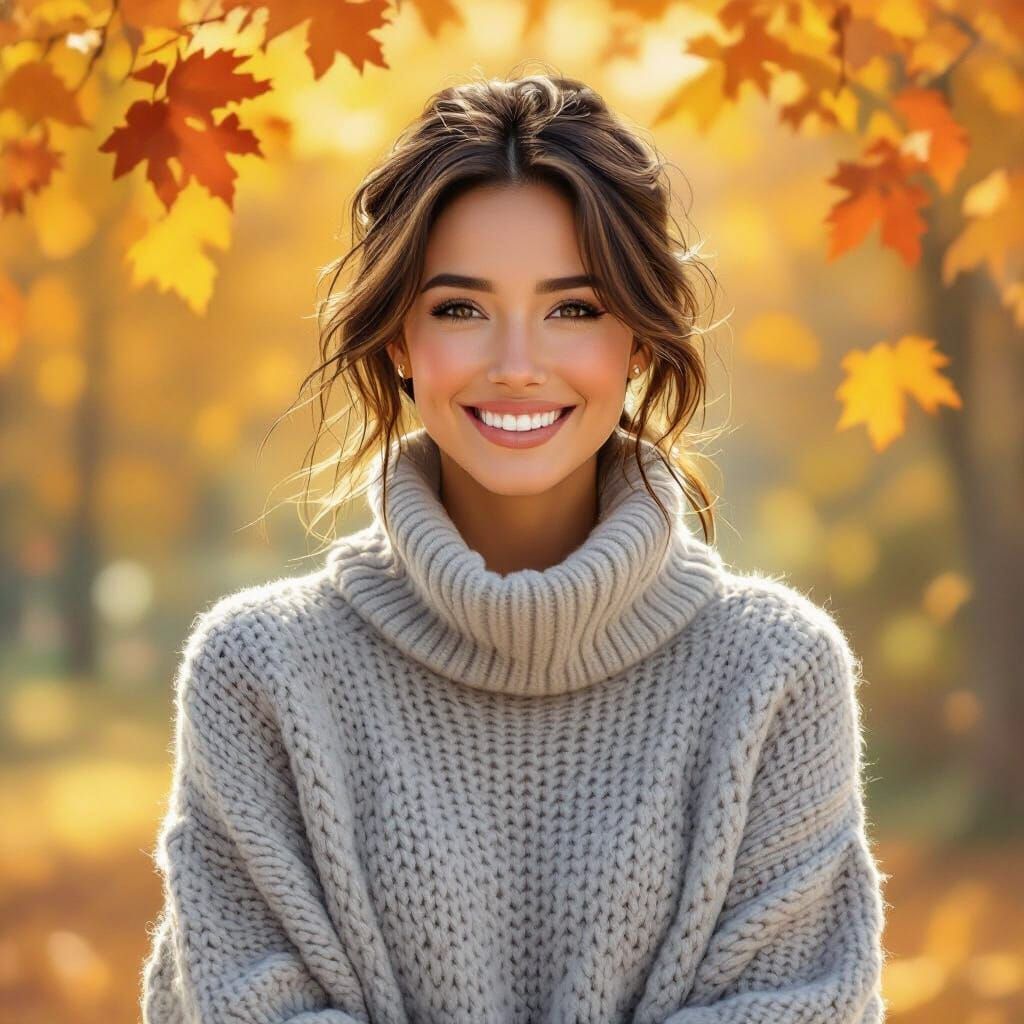 Radiant Woman in Autumnal Glow: Digital Portrait
