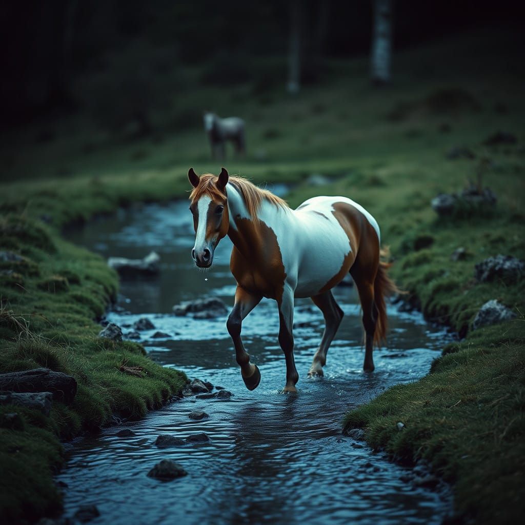 Elegant Horse Crosses a Gentle Brook in Cinematic Film Style