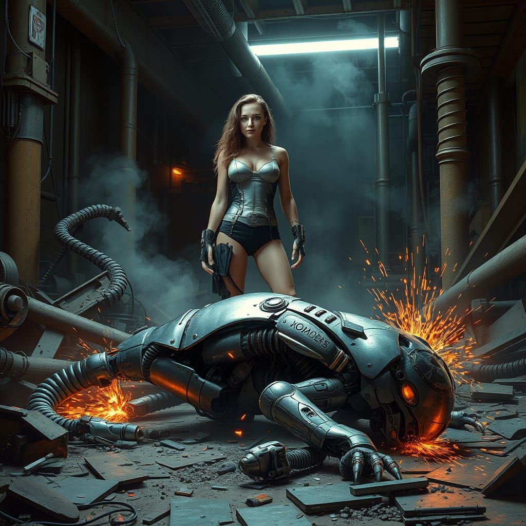Cyberpunk Robot Dismantled in a Smoldering Industrial Haze