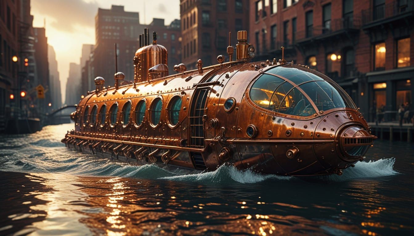 Steampunk Submarine Navigating Futuristic New York City