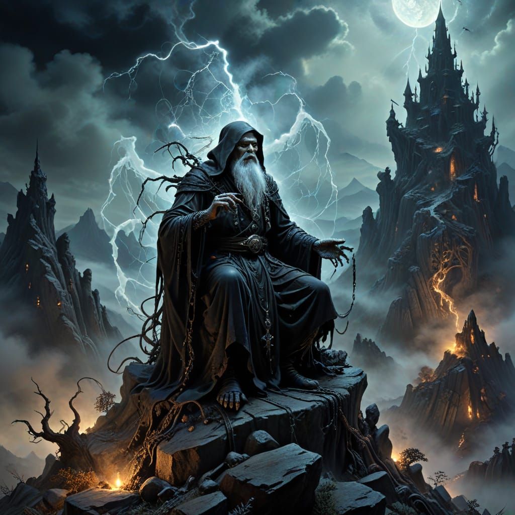 Wise Wizard Conjures Ethereal Energy on Mountain Peak