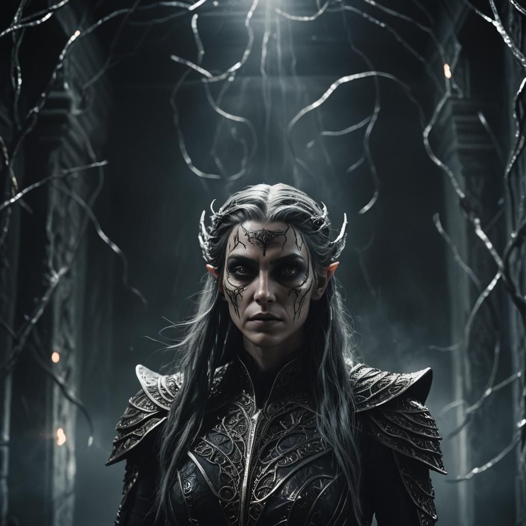 Fearsome Dark Elf Pythia in Grotesque Horror Style