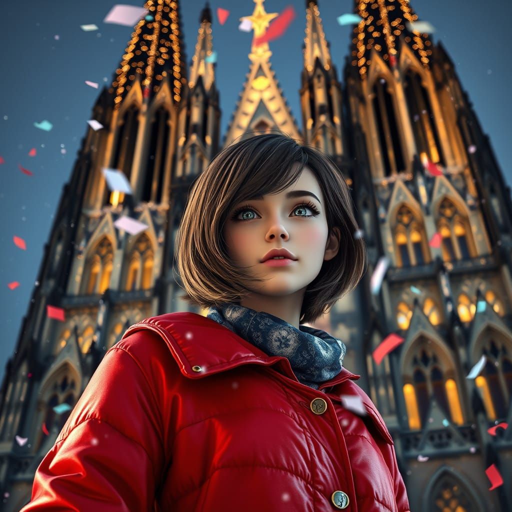 Red Jacketed Woman Stands Before Cologne Cathedral in Vibran...