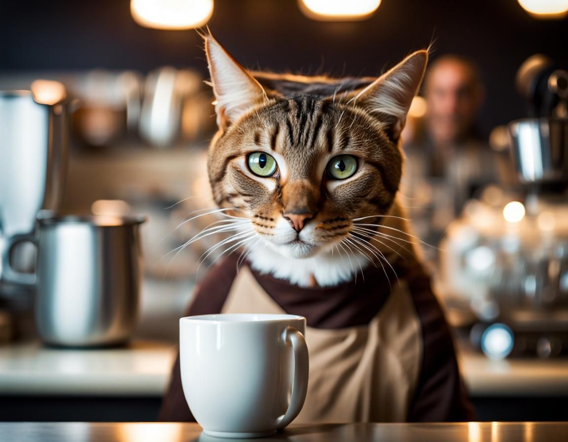 Feline Cat Barista Reaching Over Counter