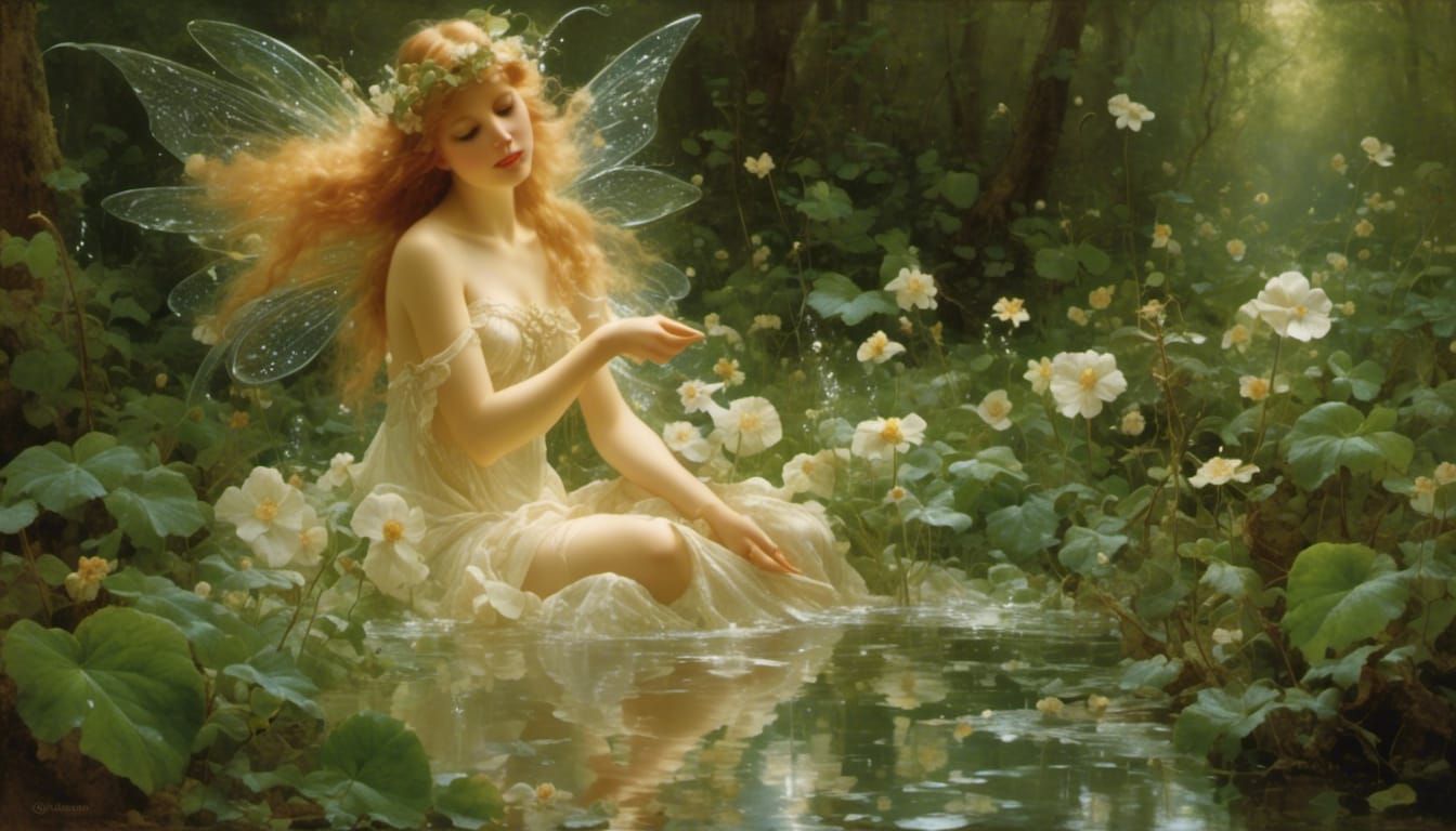 Fairy Bathing in Dew, Hyperrealistic Digital Art