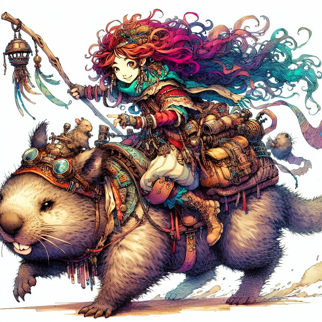 Fantasy Girl and Wombat Adventurer in Steampunk Fantasy