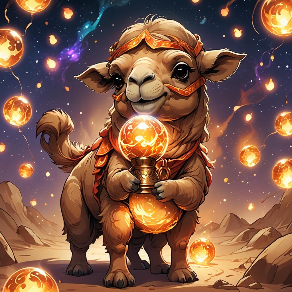 Chibi Camel with Fire Orb in Anime Style
