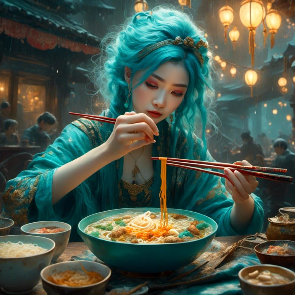 Emo Girl with Teal Hair Eats Ramen