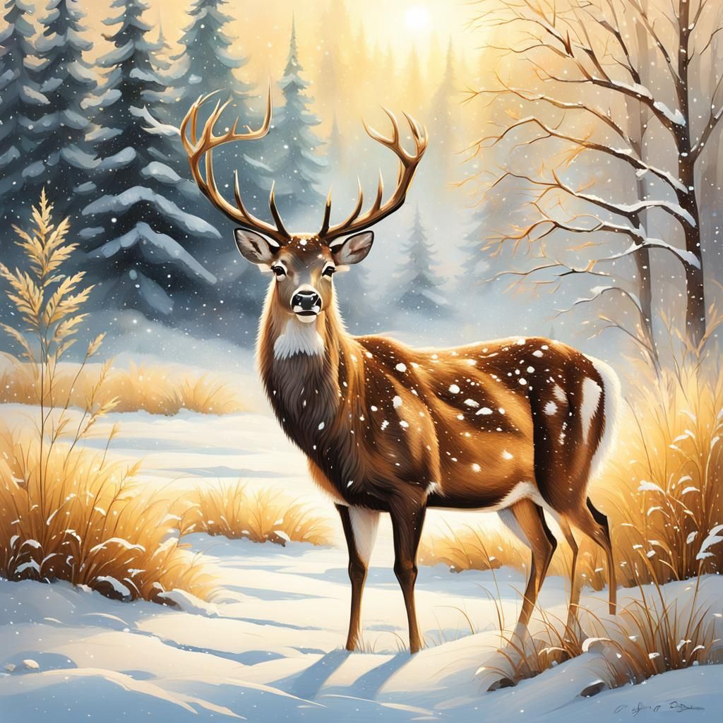 Winter Wildlife Scene in Golden Light