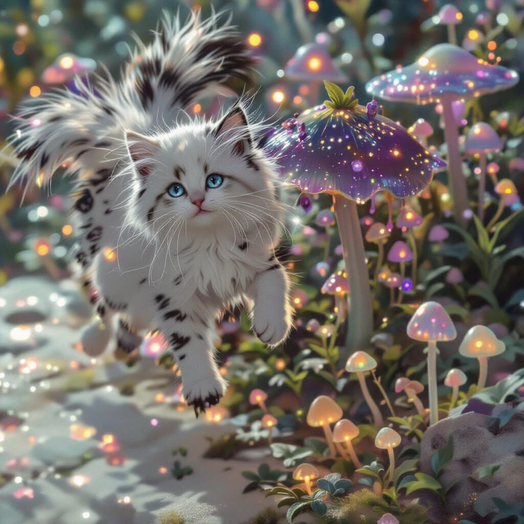 Fluffy White Kitten Flies Over Enchanted Garden