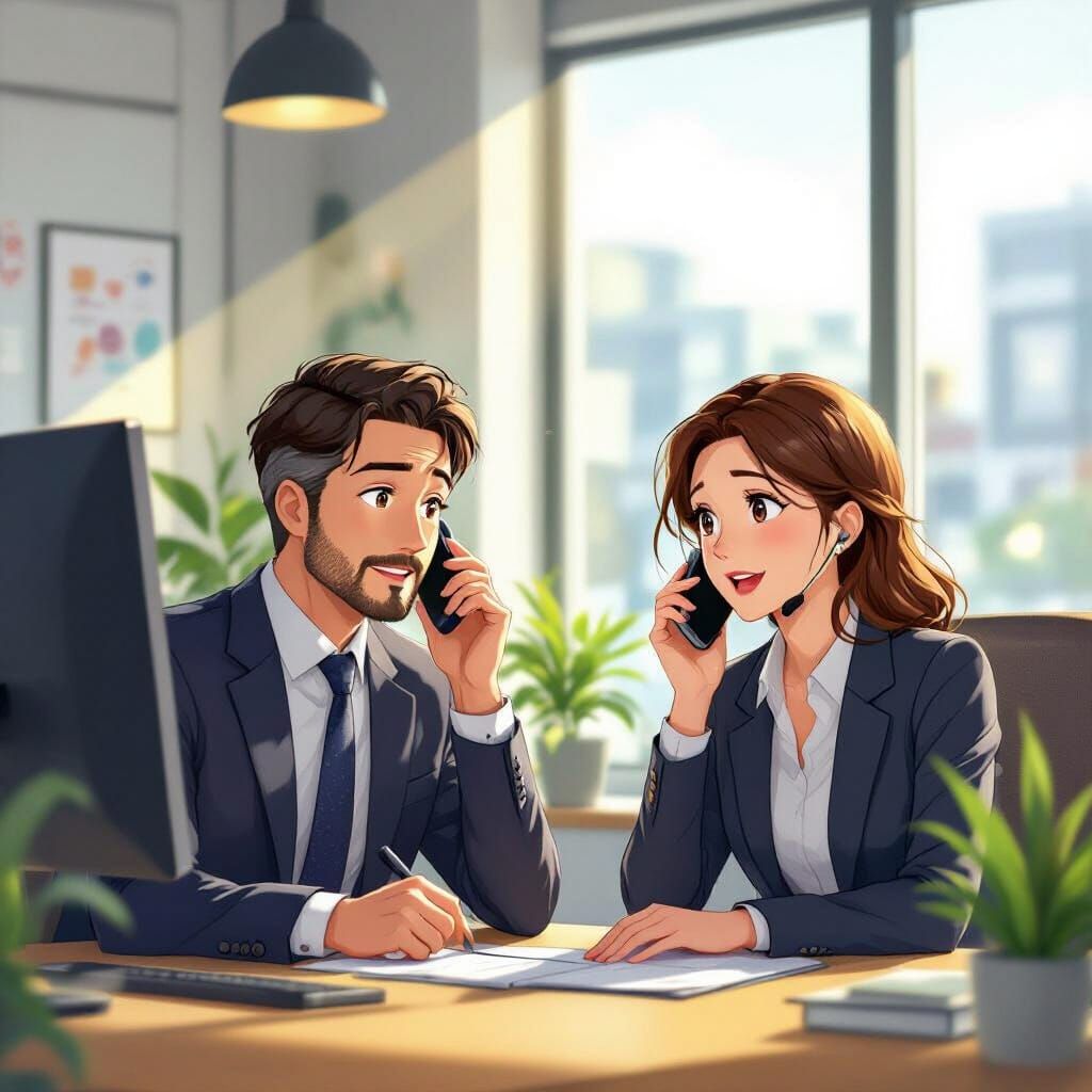 Anime Couple Discussing Anime in a Sunlit Office