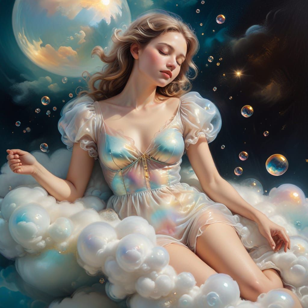 Woman Asleep in Bubble: Surreal Dreamlike Oil Painting