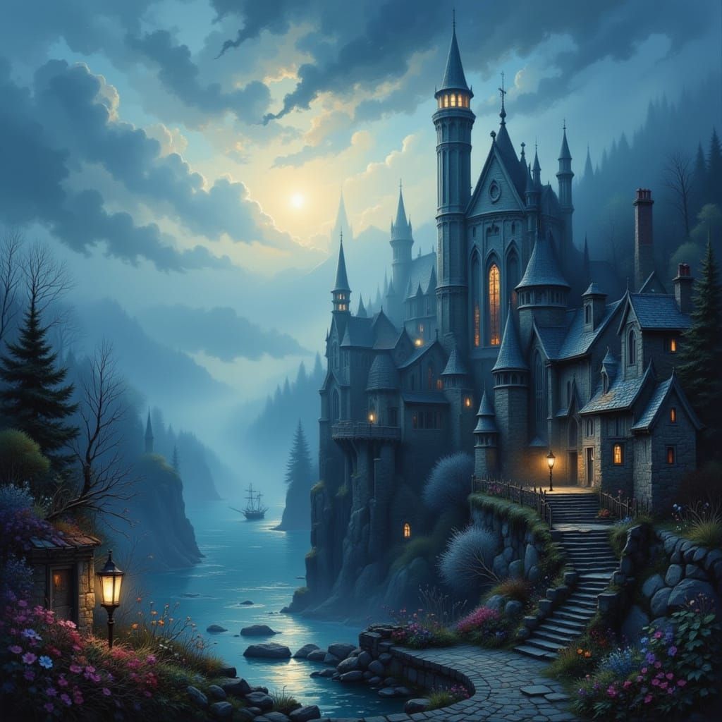 Cathedral Overlooking Fishing Village in Anime Style