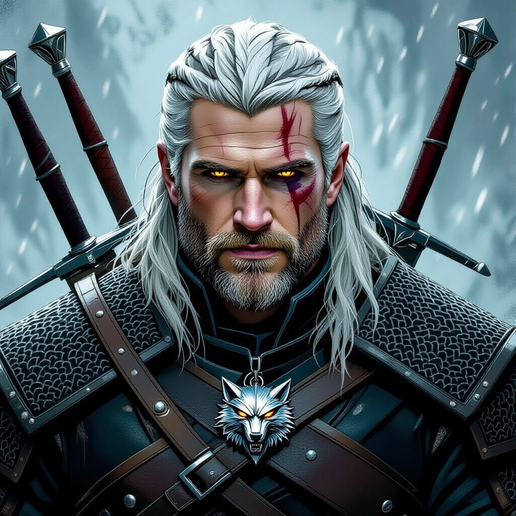 Geralt of Rivia: Gritty Fantasy Portrait