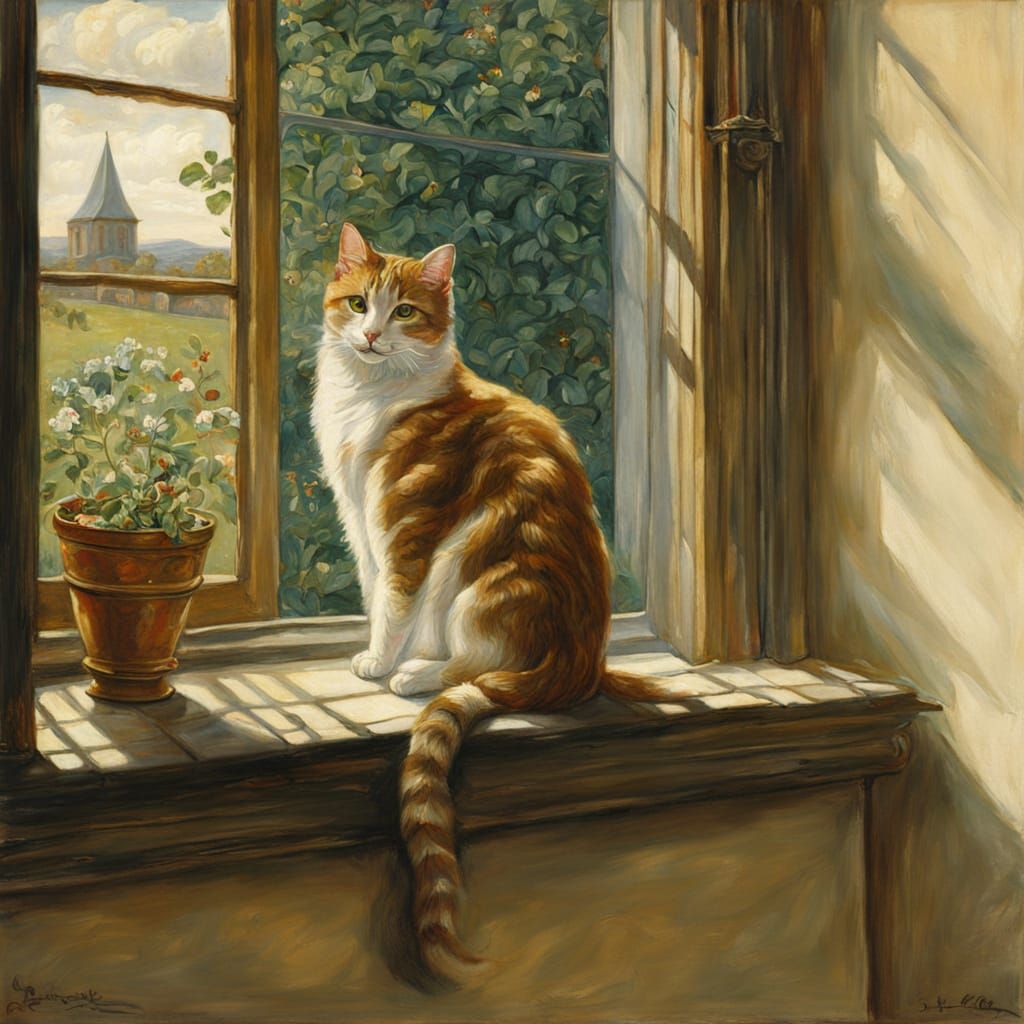 Pre-Raphaelite Cat on Windowsill with Ethereal Glow
