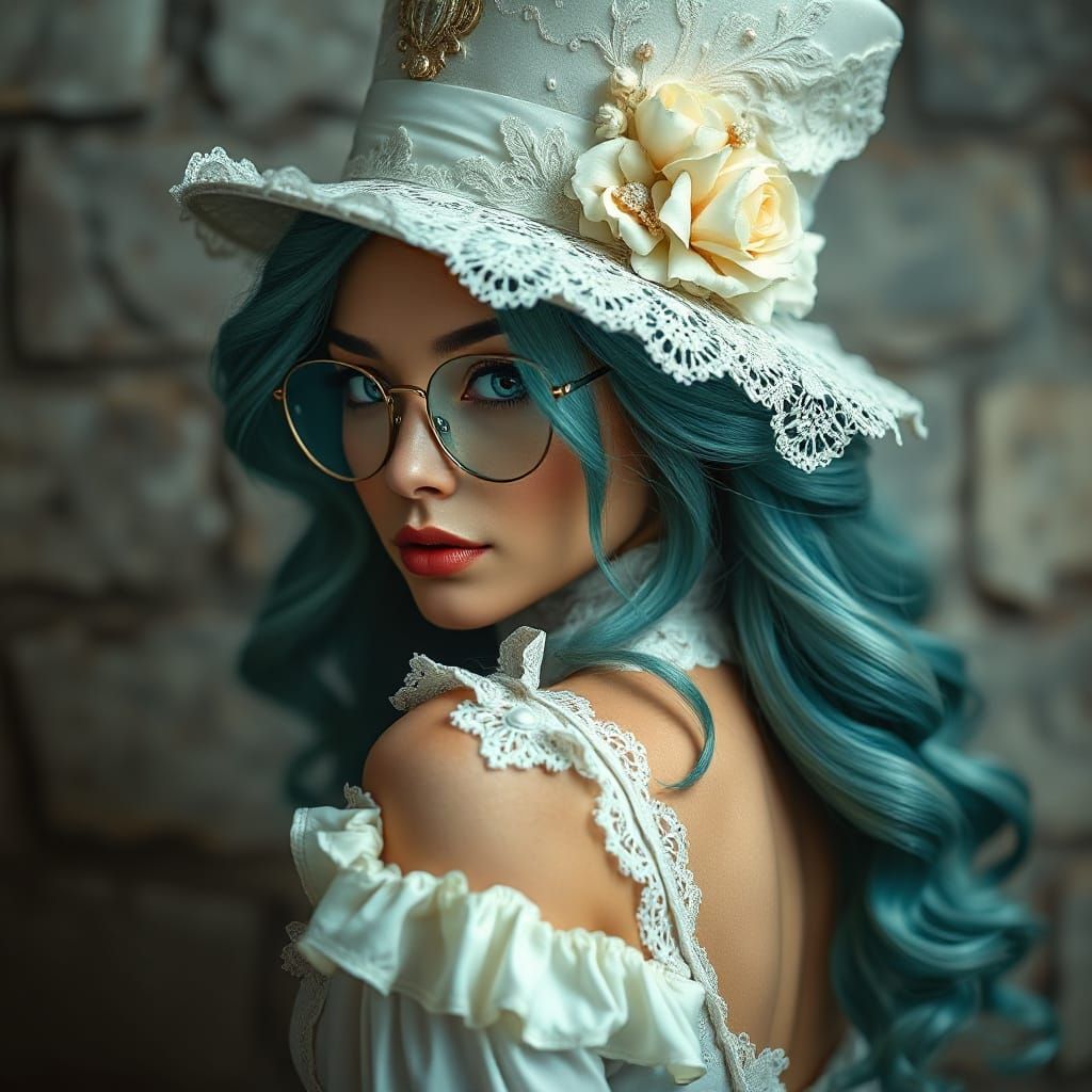 Ethereal Woman in Teal Hues, Intricate Lace, and Weathered S...