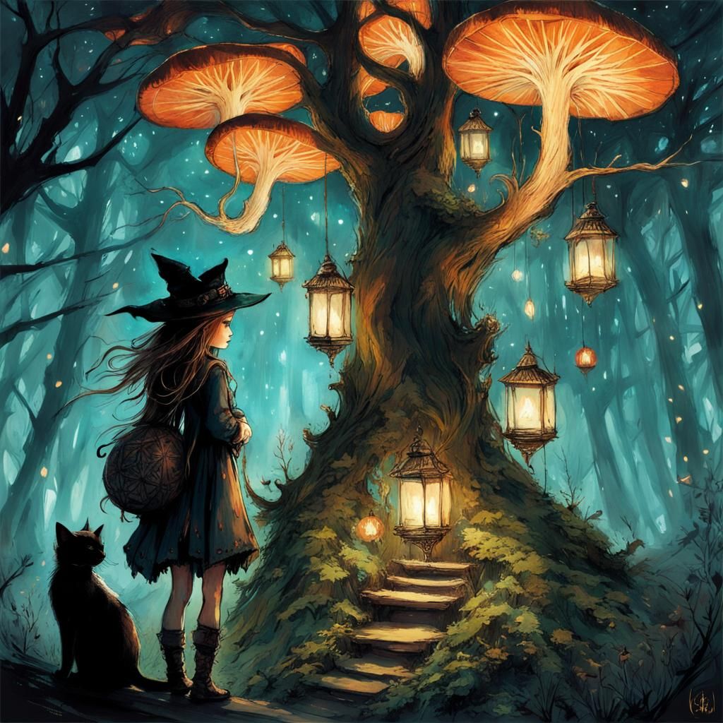Cute Witch Girl and Cat by Magical Tree