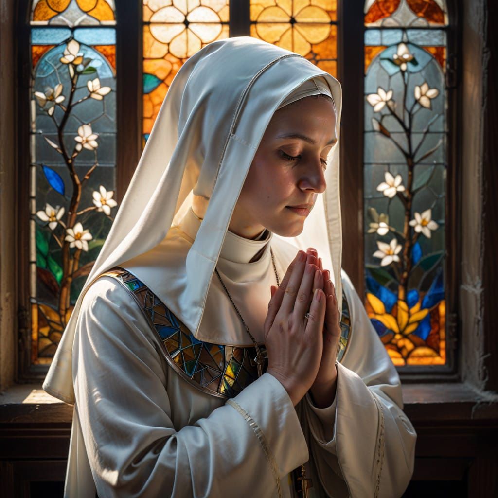 Nun in Prayer, Illuminated by Kaleidoscopic Colors