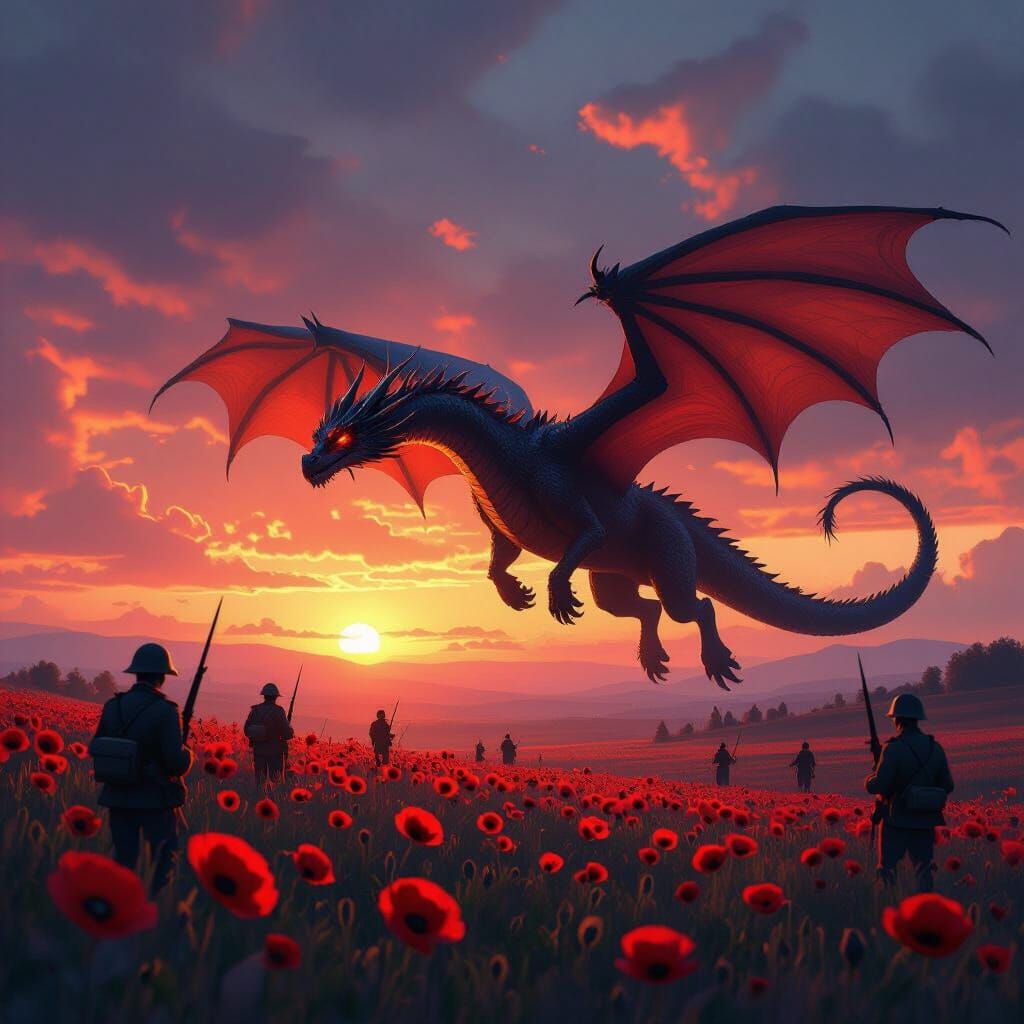 Majestic Dragon Over Poppies at Sunset